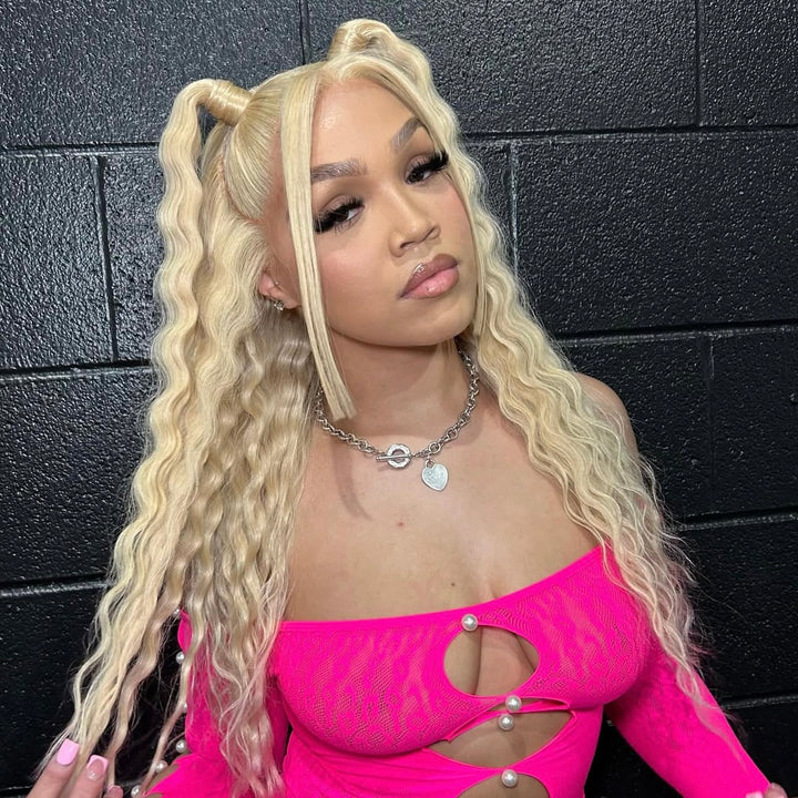 Close-up of a 613 straight frontal HD lace wig with a bright blonde color and smooth, sleek finish.
