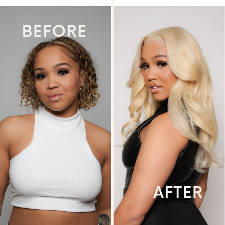 Before on the left, a Black woman with her natural hair. After on the right, the same woman confidently showcasing a luscious, 613 blonde wig.