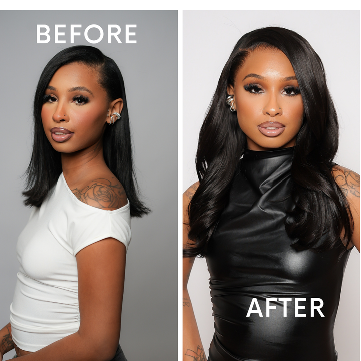 Before on the left, a Black woman with her natural hair. After on the right, the same woman confidently showcasing a luscious, body wave wig.