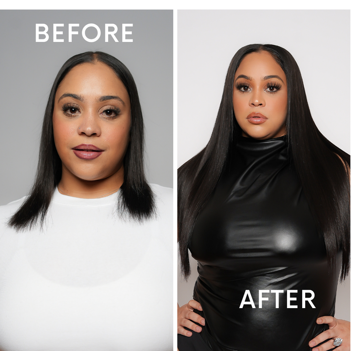 Before on the left, a Black woman with her natural hair. After on the right, the same woman confidently showcasing a luscious, straight frontal wig.