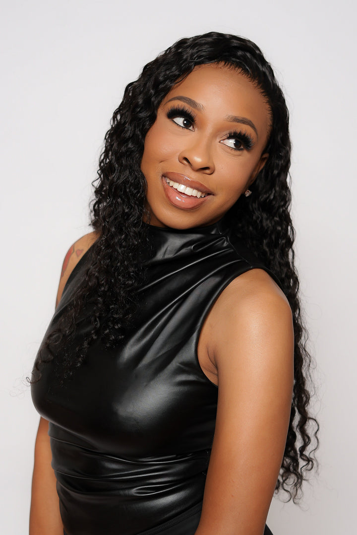 Deep wave hair bundle made from raw human hair, displaying its distinct wet-and-wavy potential.