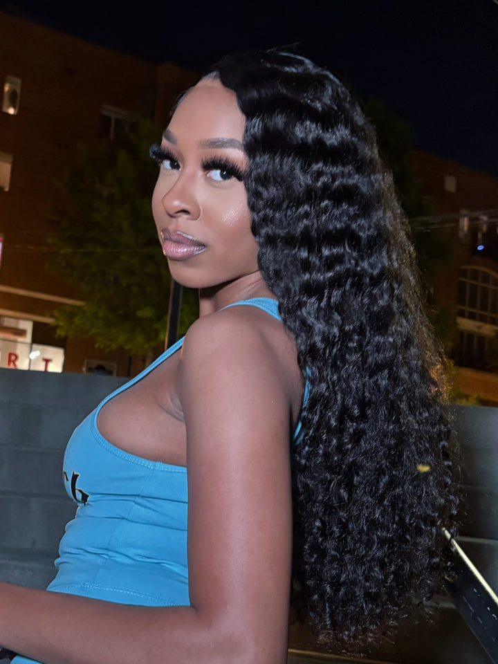 3x6 or 13x4 HD lace deep wave frontal wig. Shows a natural wet and wavy style.